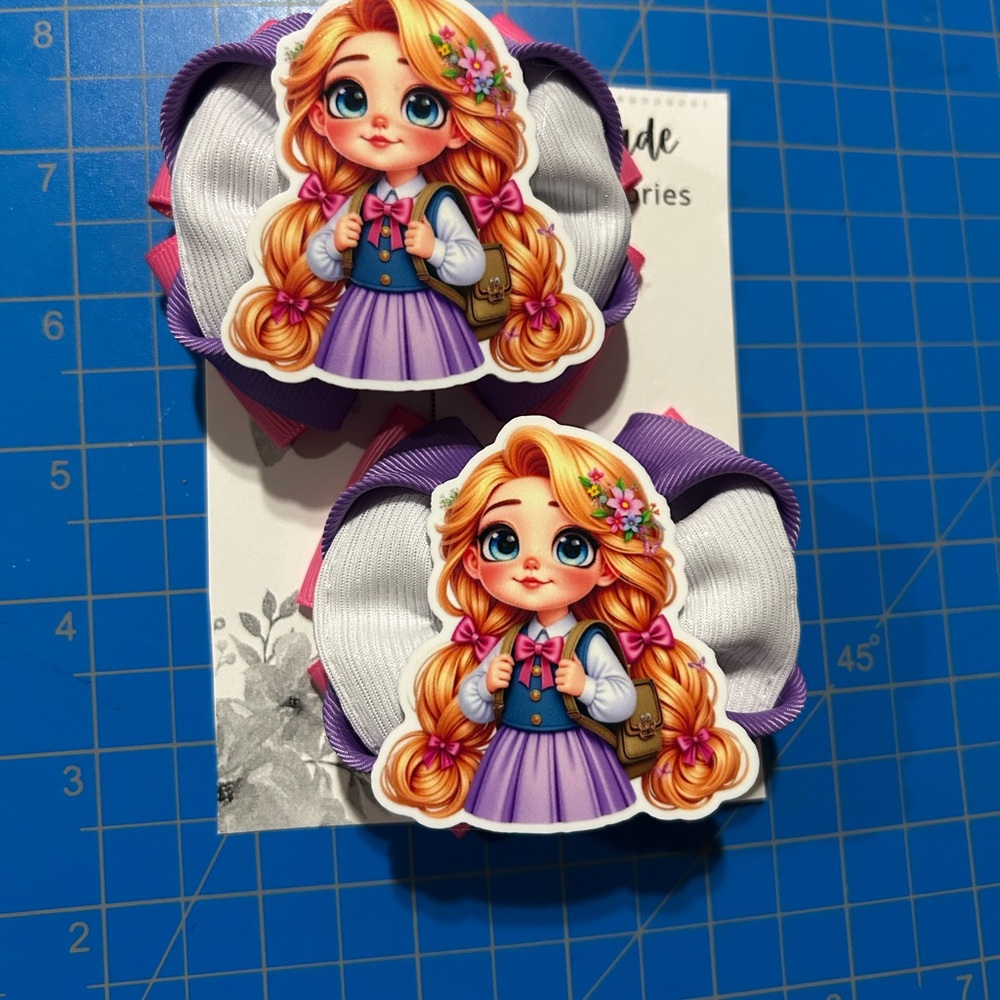Hand Crafted Purple and White Hair Bow with Cute Character